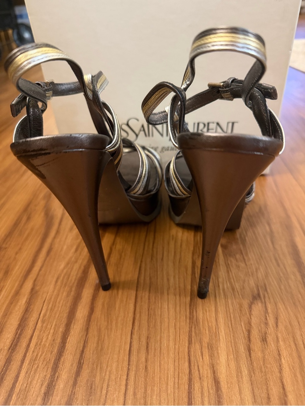 YSL Saint Laurent Tribute Metallic Silver and Gold Knotted Platform Heels 38 - Picture 3 of 10